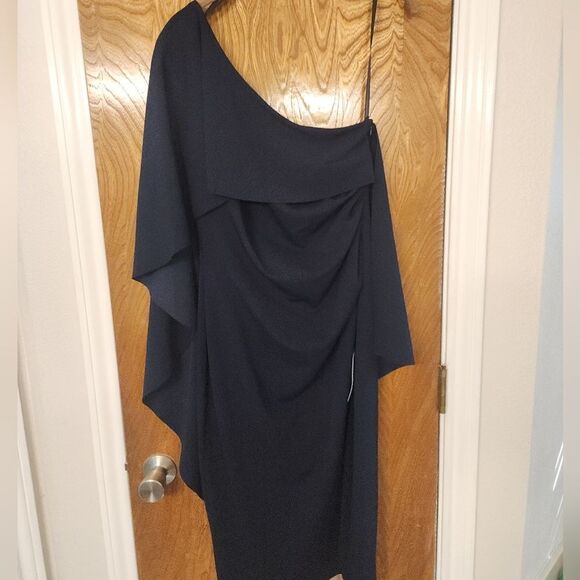 Xscape One Shoulder Draped Dress Size 12 NWOT Dark Blue - Picture 5 of 8